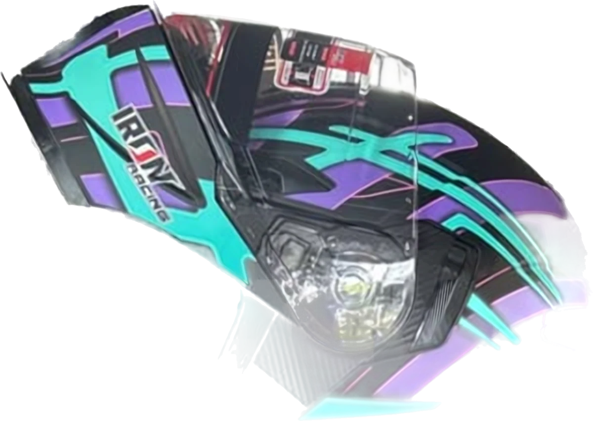 Casco abatible Iron Racing negro con trazos morados y verde agua, con la mentonera levantada
